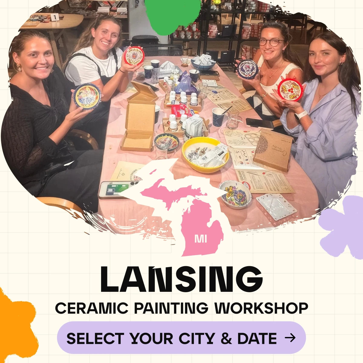 Ceramic Painting Workshop Classes in Lansing - Artmasterclass GlobalWorkshop - Popup